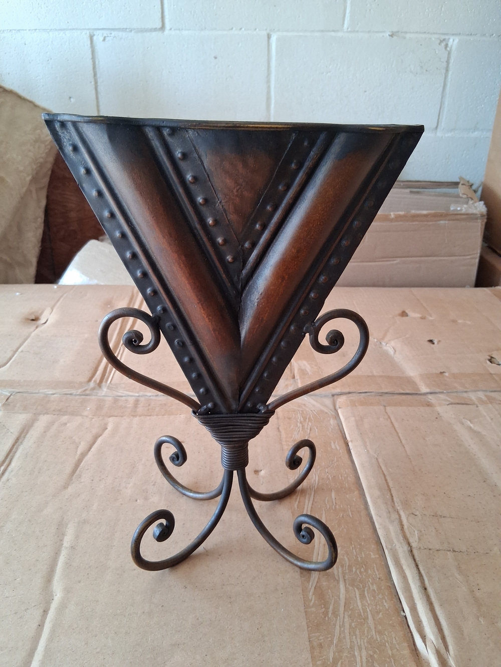 Decorative Metal V-Shaped Bronze Planter with Scroll Base